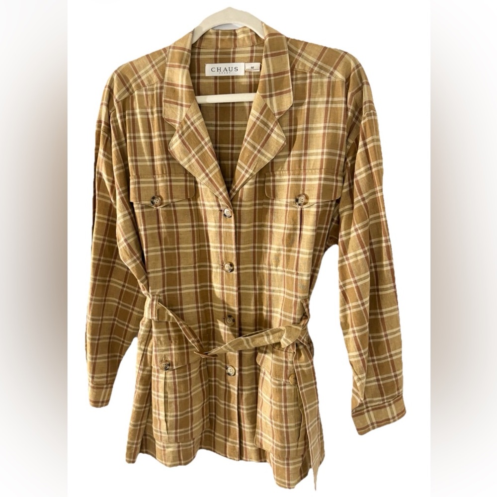 Chaus Women's Tan Plaid linen blend belted jacket MED